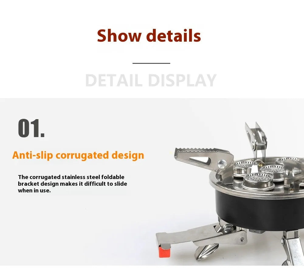 Silver portable split camping stove with stainless steel body and a long black flexible hose.