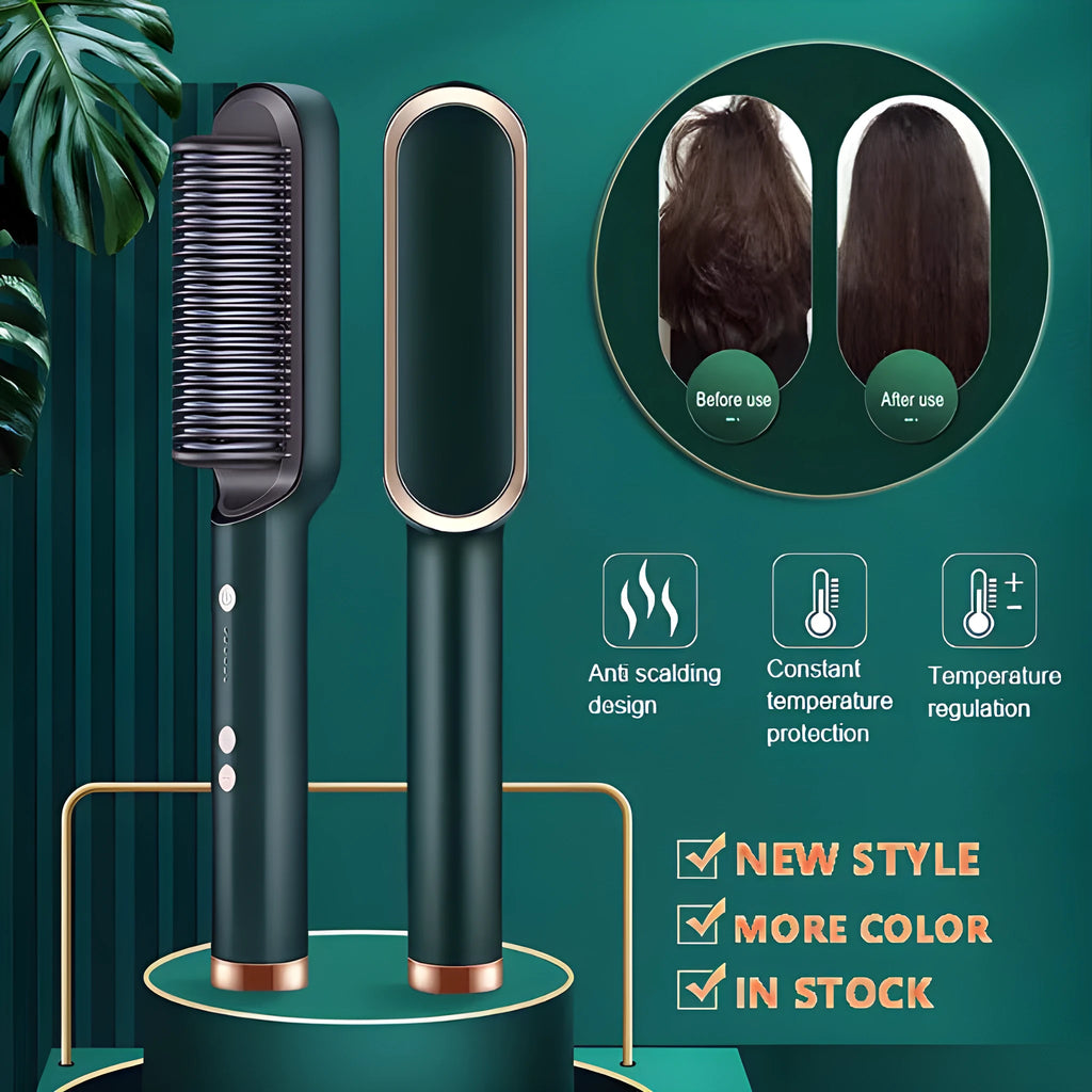 Red dual-function hair straightener comb with curling tong and tourmaline ceramic plates