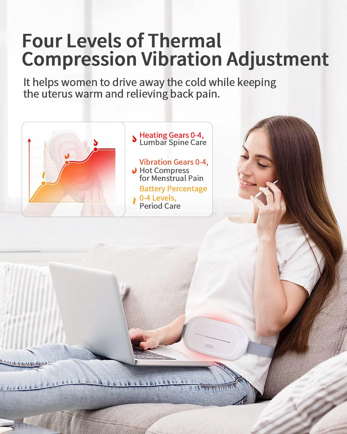 White fabric uterine warming device showing flexible design for abdominal placement.