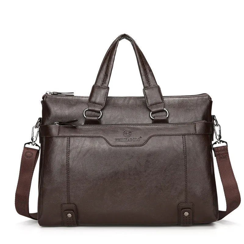 Men's leisure PU leather laptop bag briefcase in horizontal square shape with zipper, 38x28x7 cm