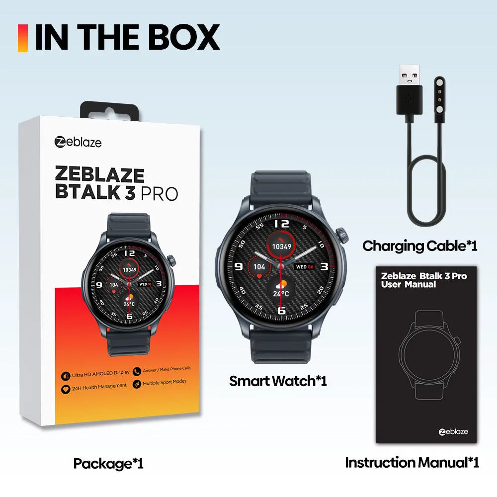 Btalk 3 Pro smart watch in blue colour showing AMOLED display with health tracking interface