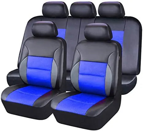 Set of artificial leather car seat covers in various colours showing headrest and seat pieces with hooks.