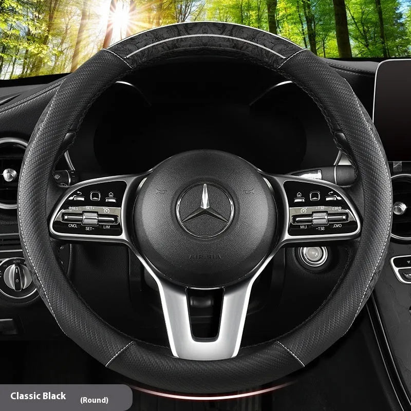 Leather steering wheel cover with crystal texture in black brown colour, round style, on a car steering wheel
