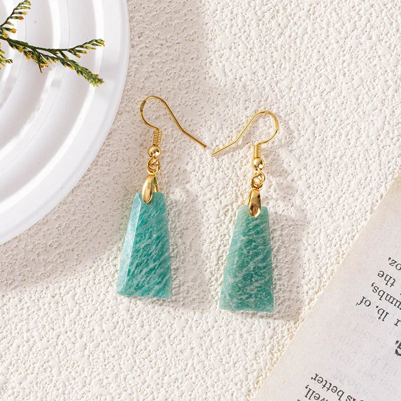 Amazonite trapezoid earrings with rough stone texture in gold and silver colours
