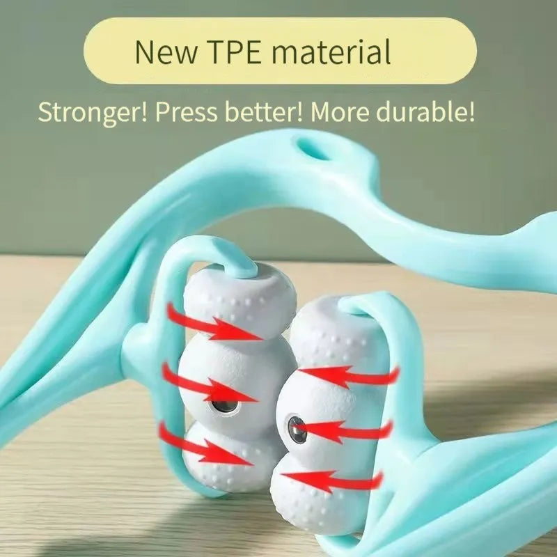 Blue handheld neck and shoulder massager with pressure nodes showing 360-degree rotation.