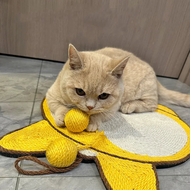 Yellow cat scratching pad with corgi design measuring 37x40cm with natural sisal surface