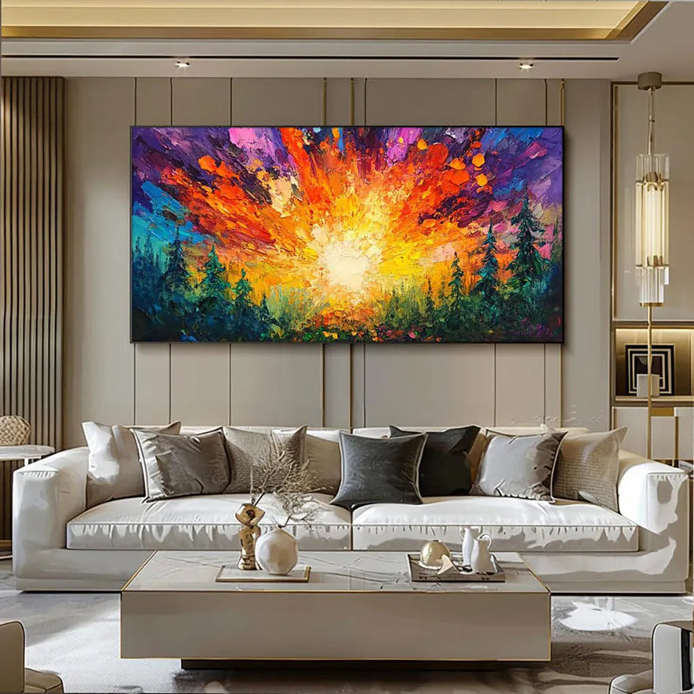 Hand-painted oil painting of sun rising in deep forest with brilliant light, modern landscape canvas art for home decoration