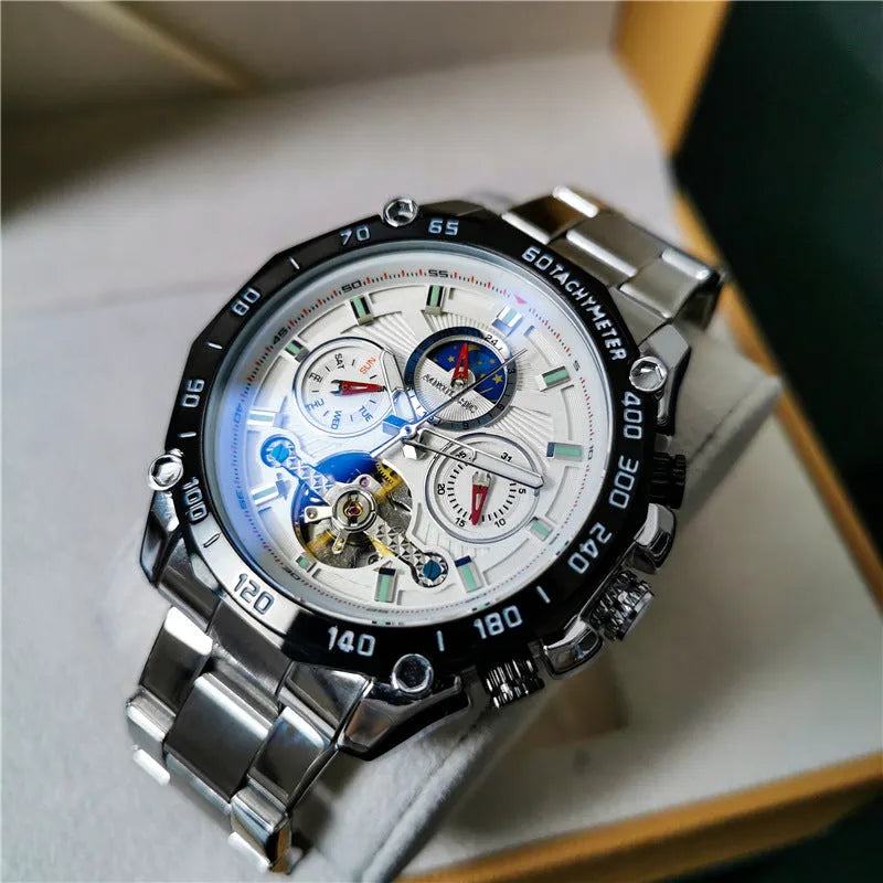 Men's automatic mechanical watch with a 12mm steel case on wrist, showing black dial and black case option.
