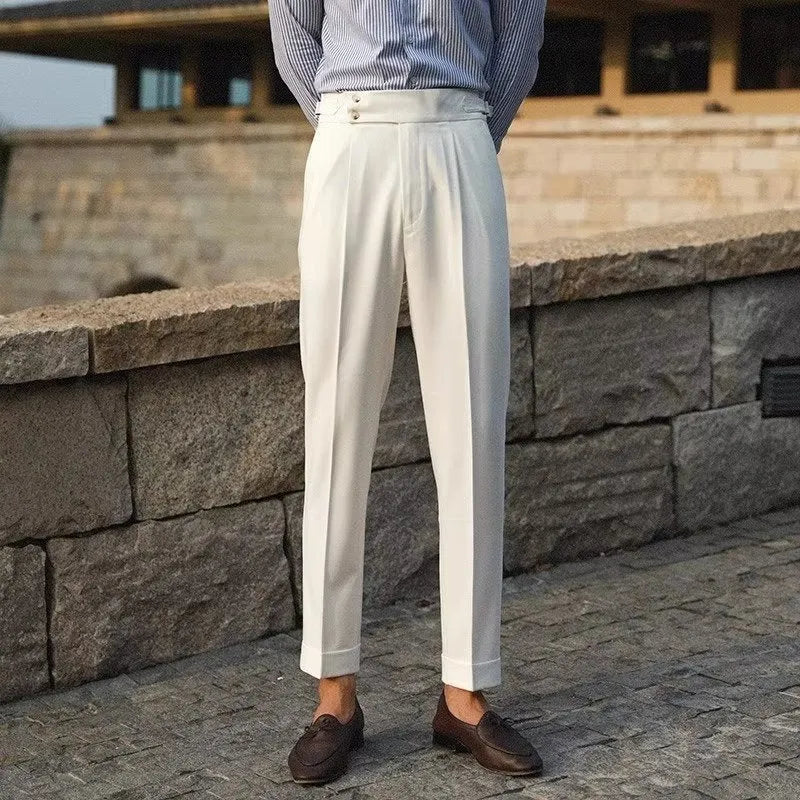 Slim fit straight-leg suit trousers in black, white, or apricot for business formal wear.