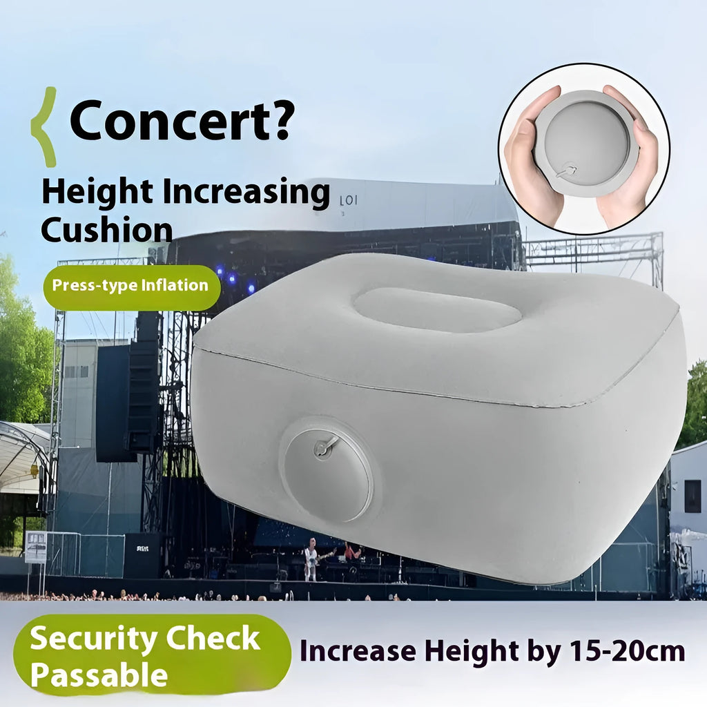 Inflatable seat cushion with flocked surface, shown inflated and folded for portability.