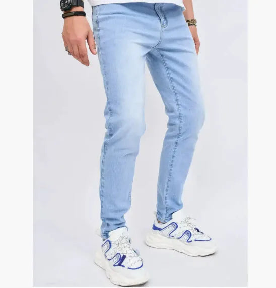 Men's light blue slim fit stretch skinny jeans, cotton denim full-length casual trousers in sizes S to 2XL