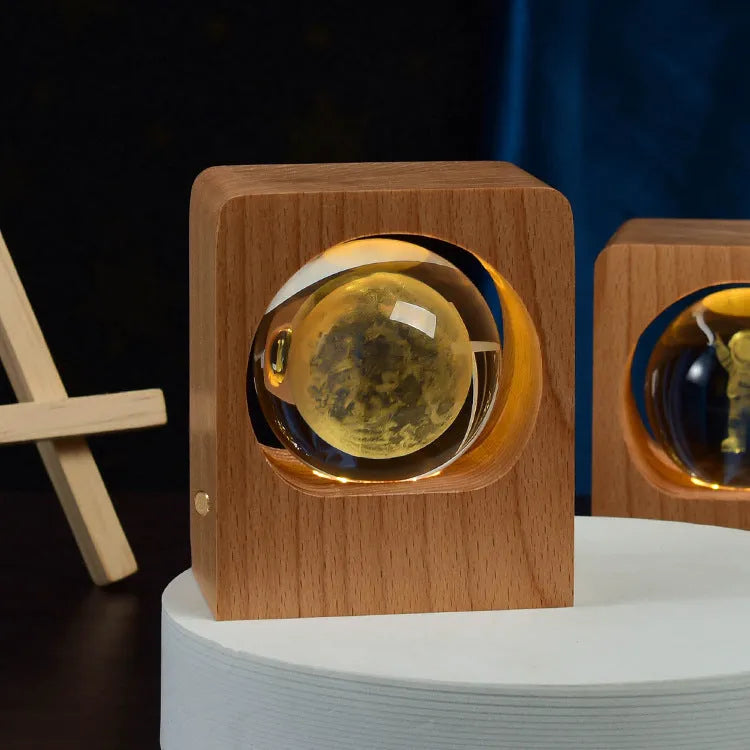 Beech crystal ball night light with 3D laser engraved pattern on wooden base