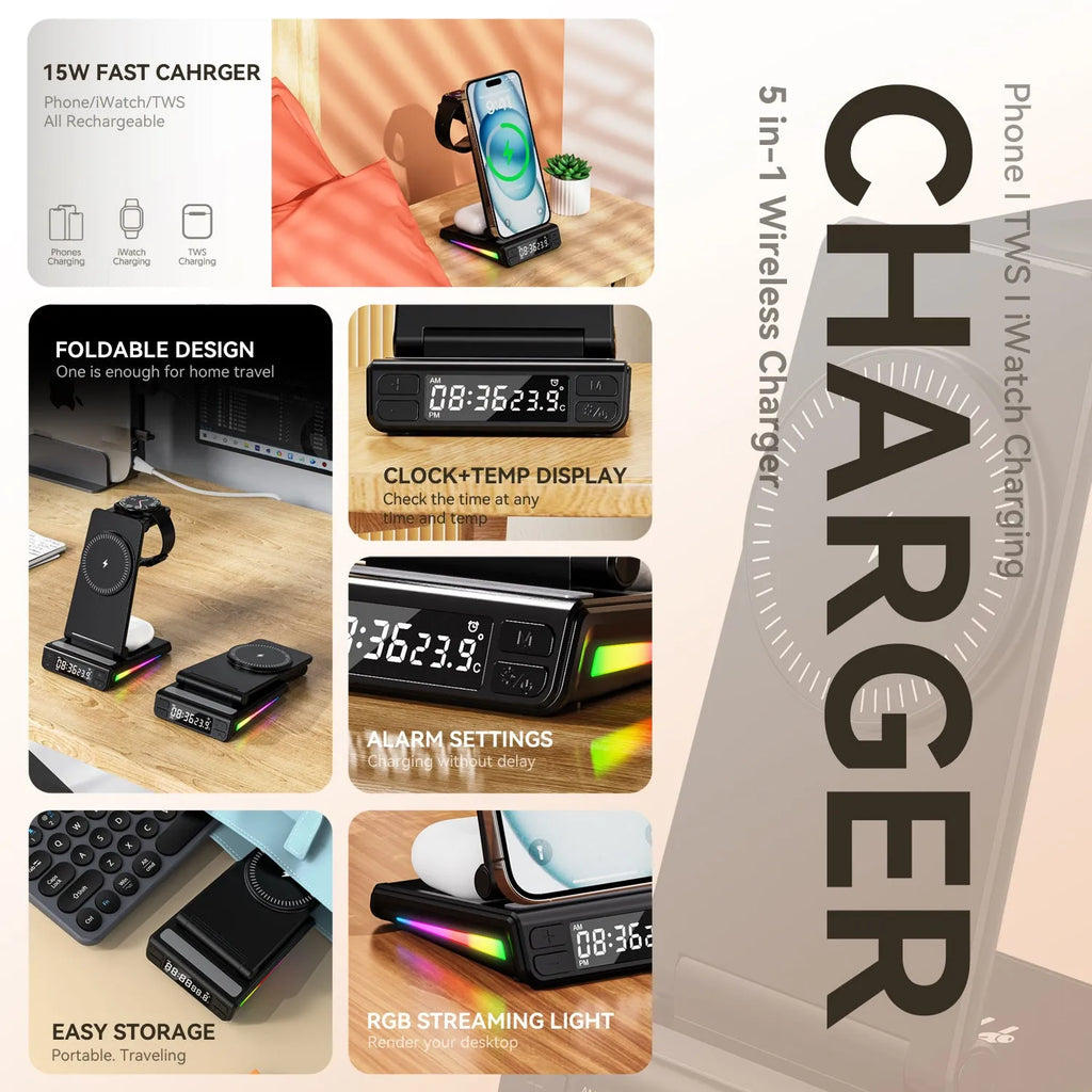 Five-in-one folding wireless charger with PD charging, magnetic charging, digital display, 2A output, white or black