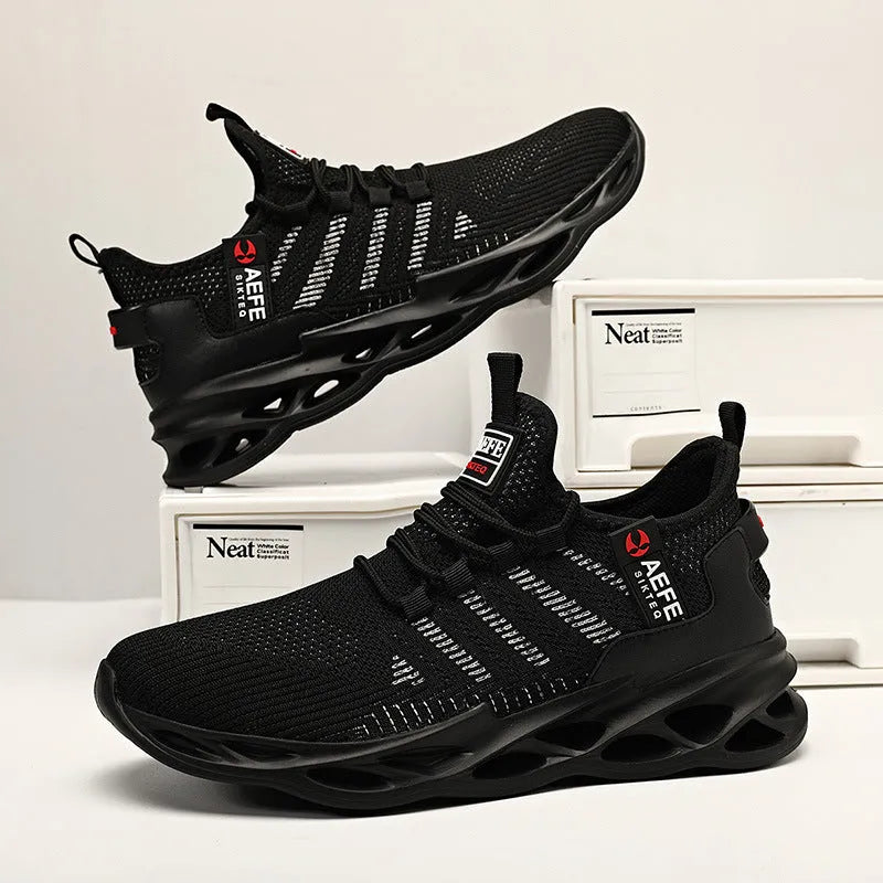 Men's black mesh casual running shoe with low top, round toe, and lace-up front.