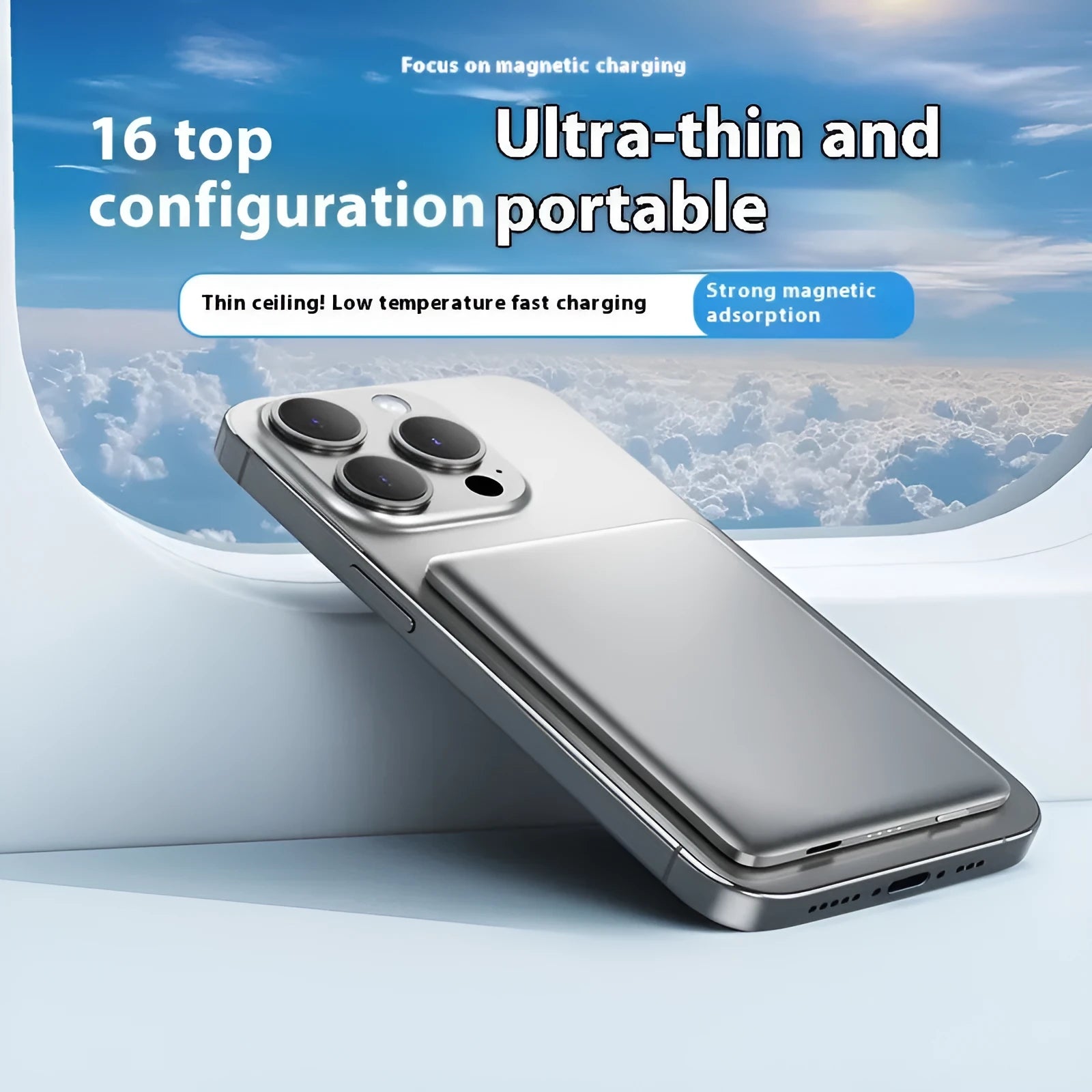 Gun grey magnetic wireless power bank showing ultra-thin 9mm alloy design with 10000mAh capacity