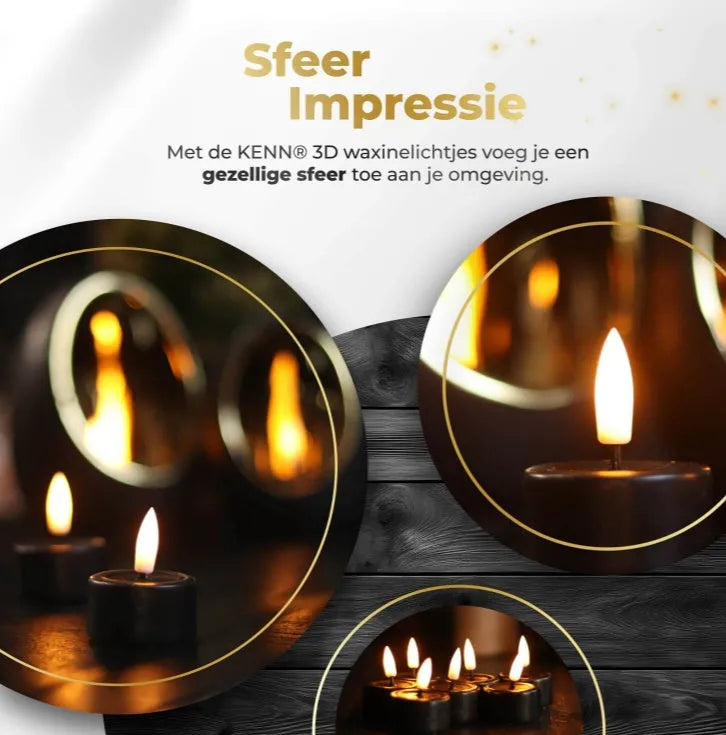 Four black LED tealight candles showing flickering light effect on a table.
