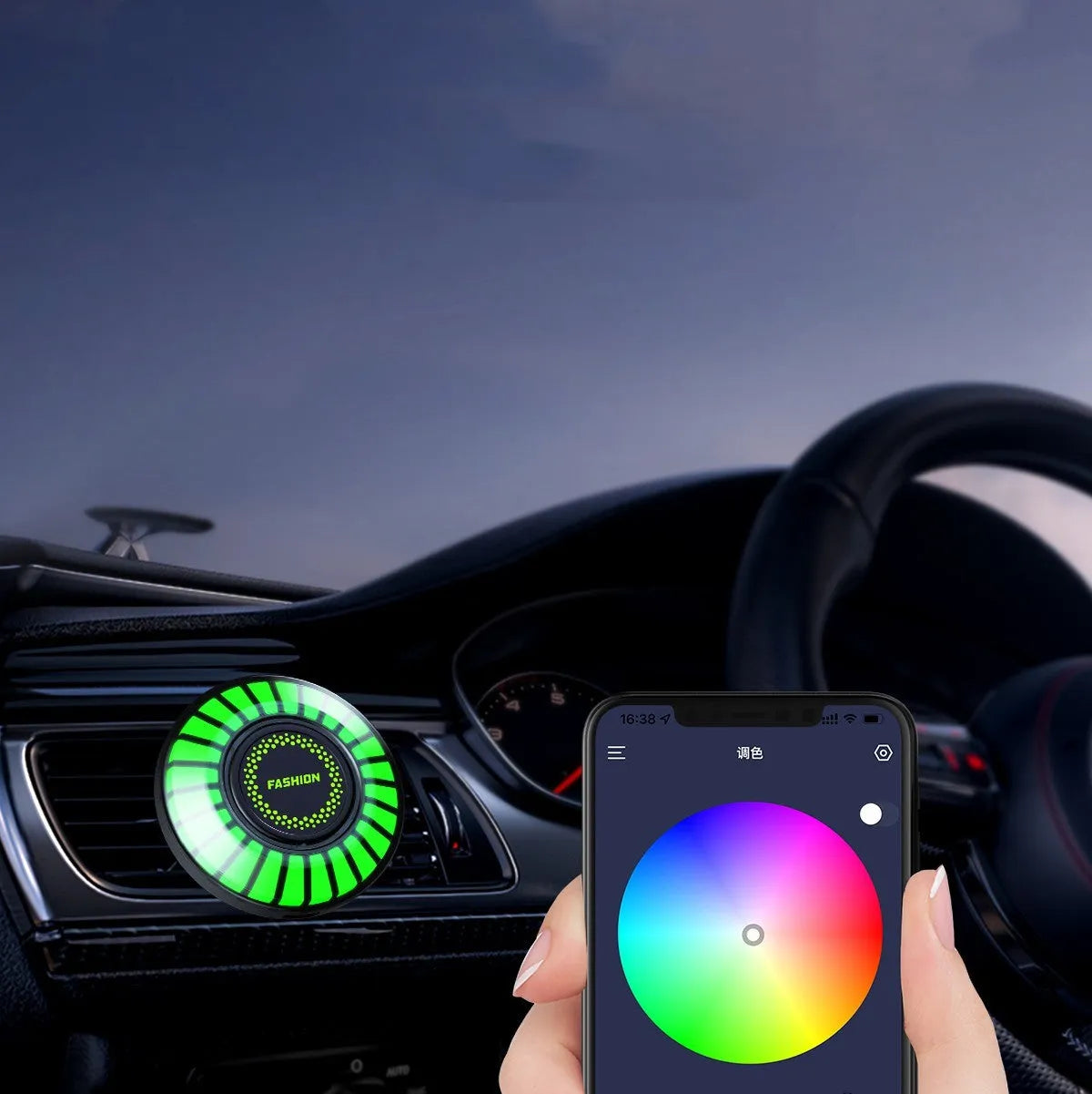 Car air vent aromatherapy light with RGB LEDs and voice control on a car dashboard.