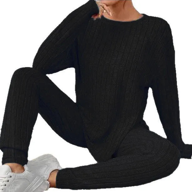 Black sunken stripe two-piece homewear set with regular sleeves and matching trousers