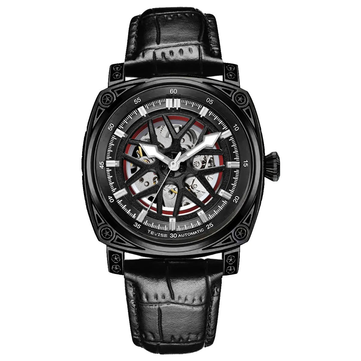 Men's stainless steel automatic watch with a blue leather strap on a wrist.