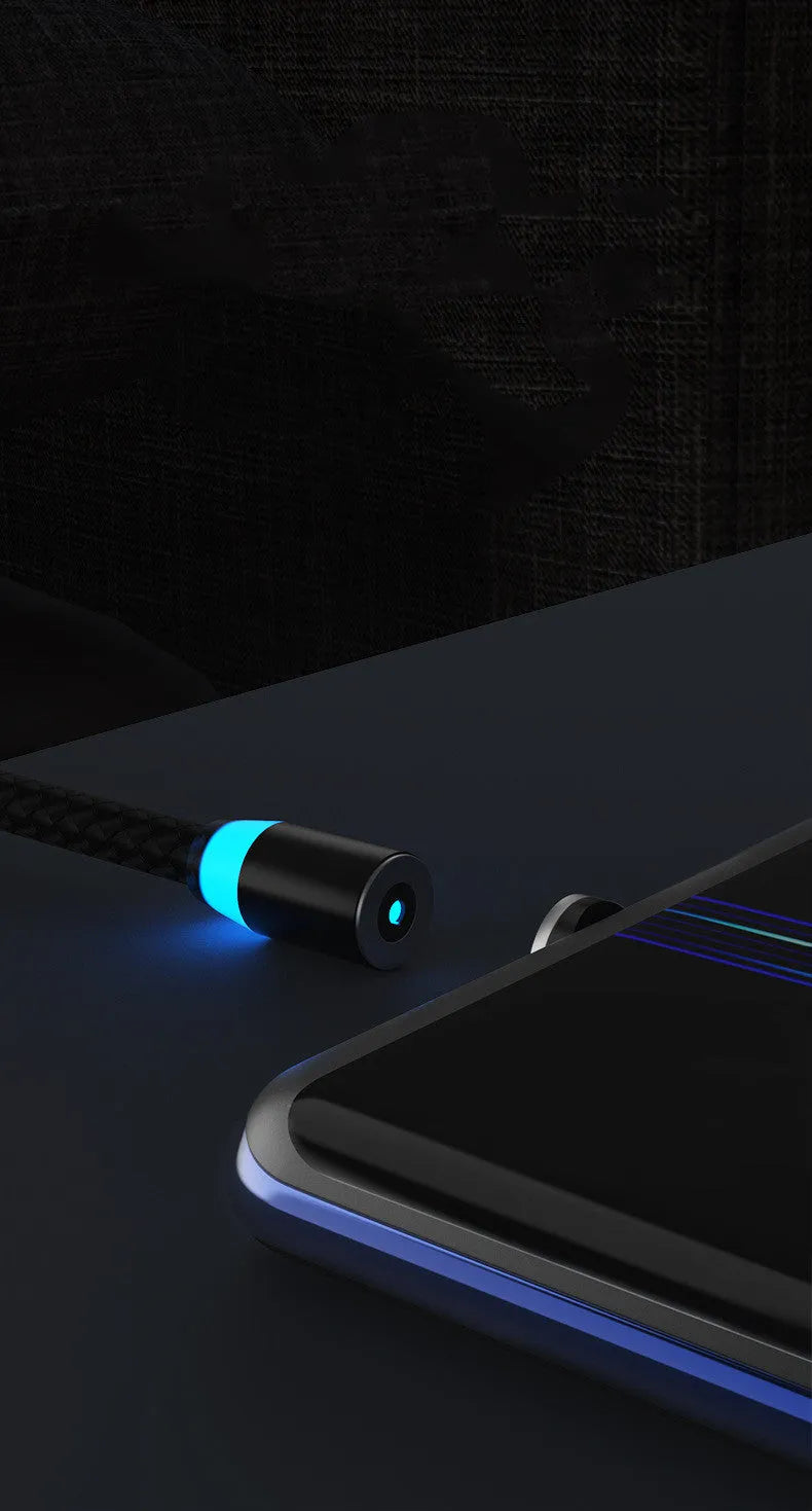 Magnetic charging cable with LED light showing black cable and silver magnetic tips for iPhone and Android phones