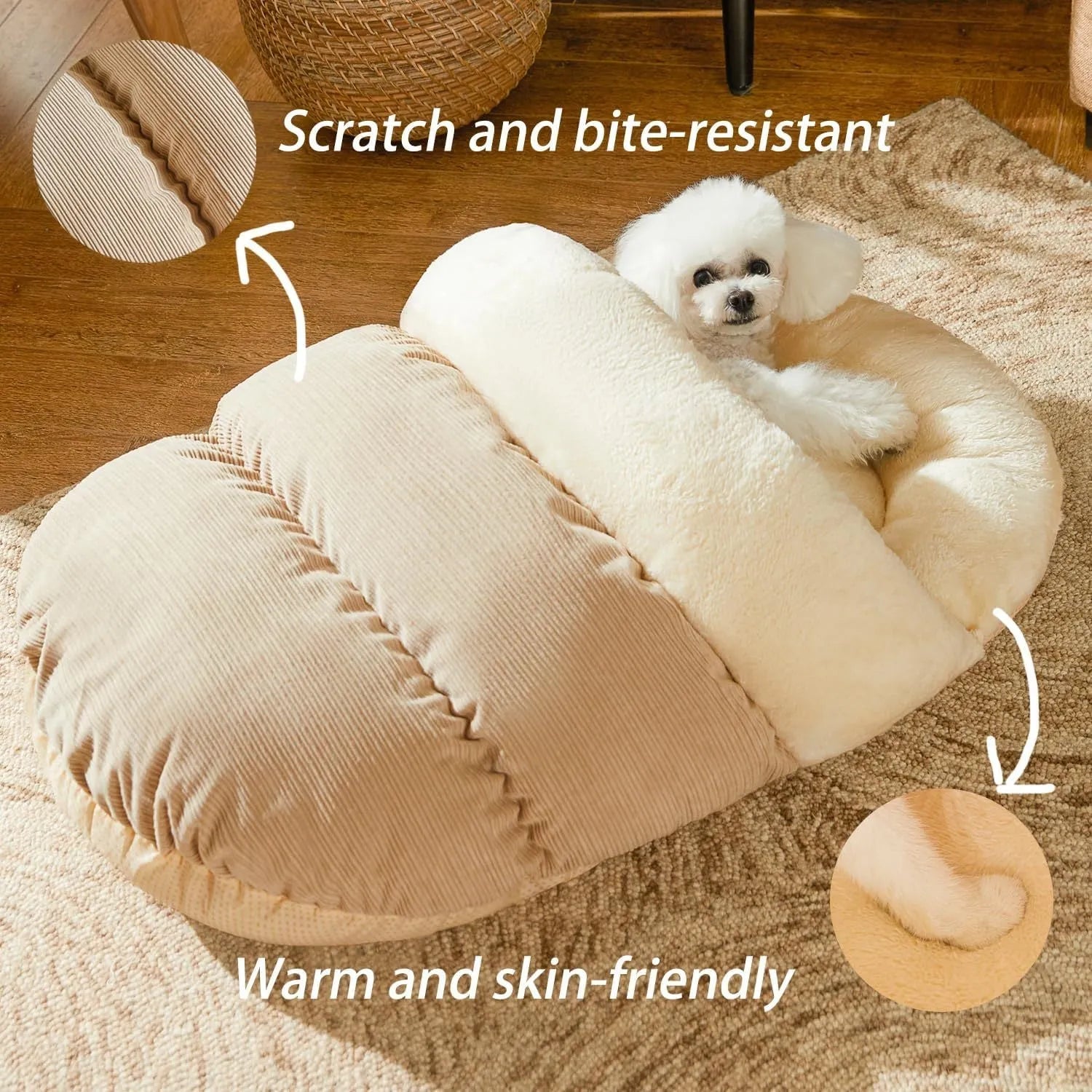 Grey slipper-shaped cat cave bed with plush lining shown both as an enclosed hideout and opened as a flat bed.