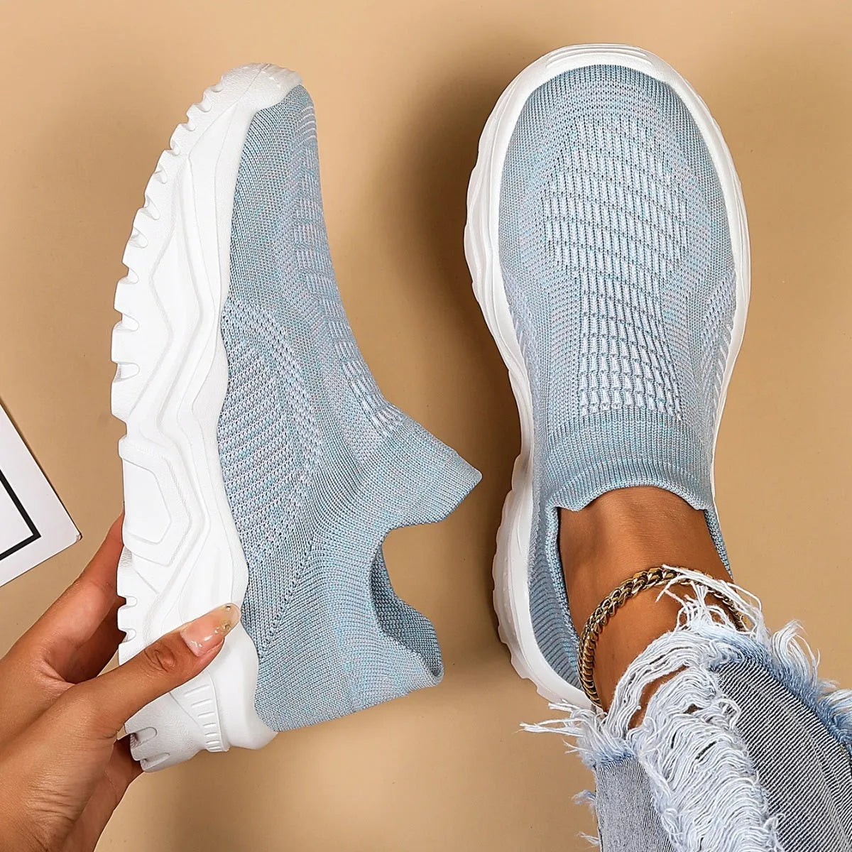 Light blue women's mesh slip-on casual sports shoes with round toe and mid heel