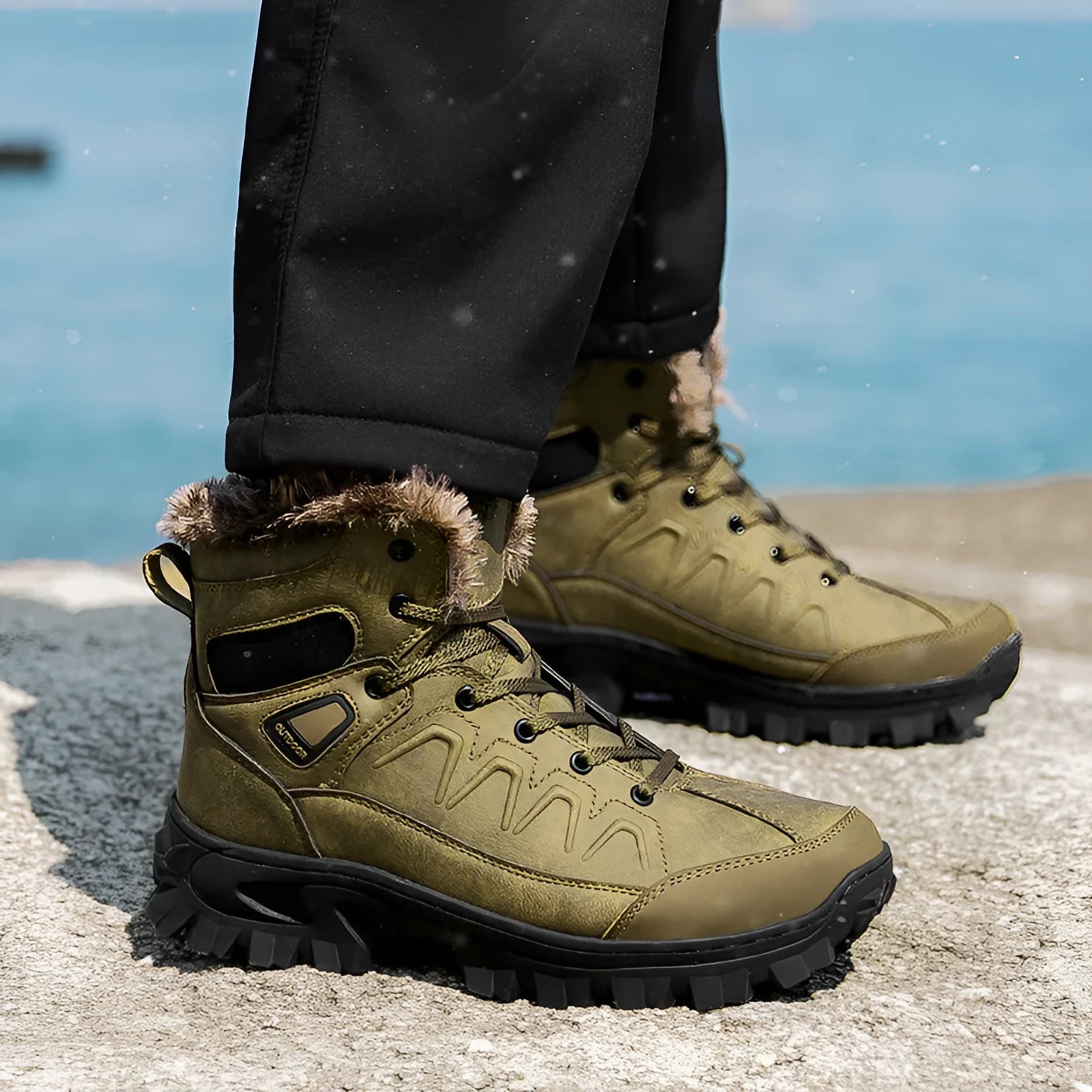 Men's plus size warm high top outdoor cotton shoes in black with rubber sole and wedge heel