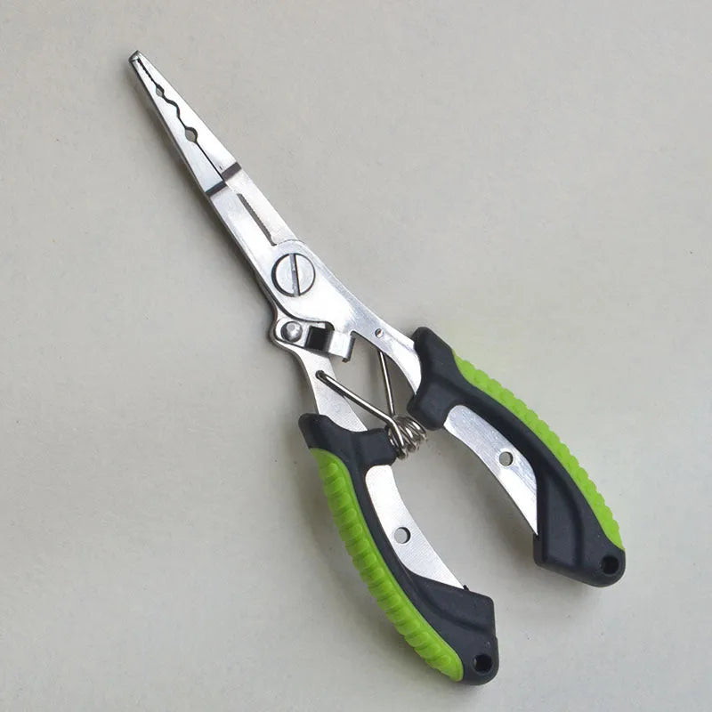 Medium straight mouth fishing pliers with hook, blue ABS handle and nylon carry strap on a grey background.