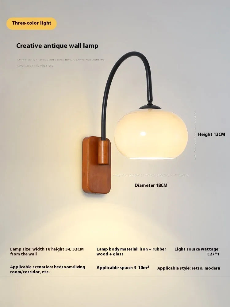 32cm milky white glass wall LED lamp with walnut or log colour iron body, 220V bedside wall light