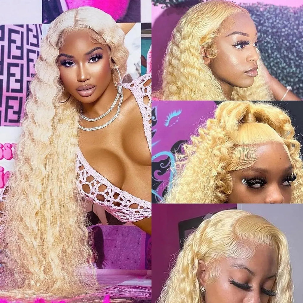 Gold front lace synthetic wig with medium and long curly hair for ladies, high temperature fibre, natural style