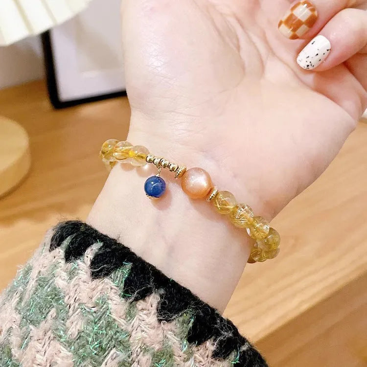 Natural gold rutilated quartz sunstone crystal bracelet with diamond-shaped beads for women