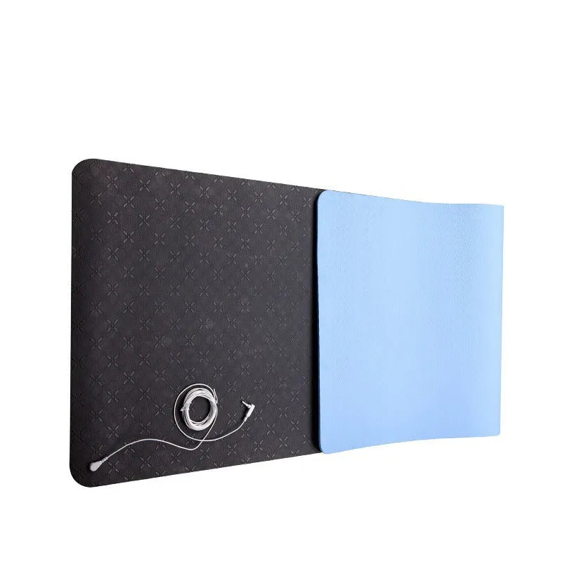 Blue conductive grounding yoga mat with plant and flower pattern, measuring 182x61cm with non-slip TPE surface