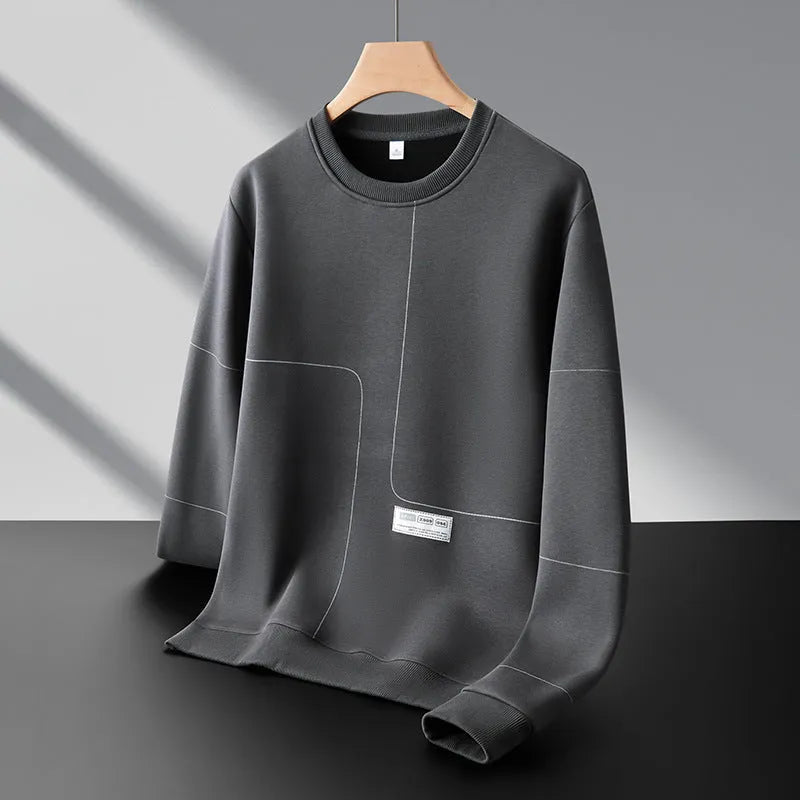 Men's loose round neck striped pullover sweatshirt in cotton with 3D patch pocket