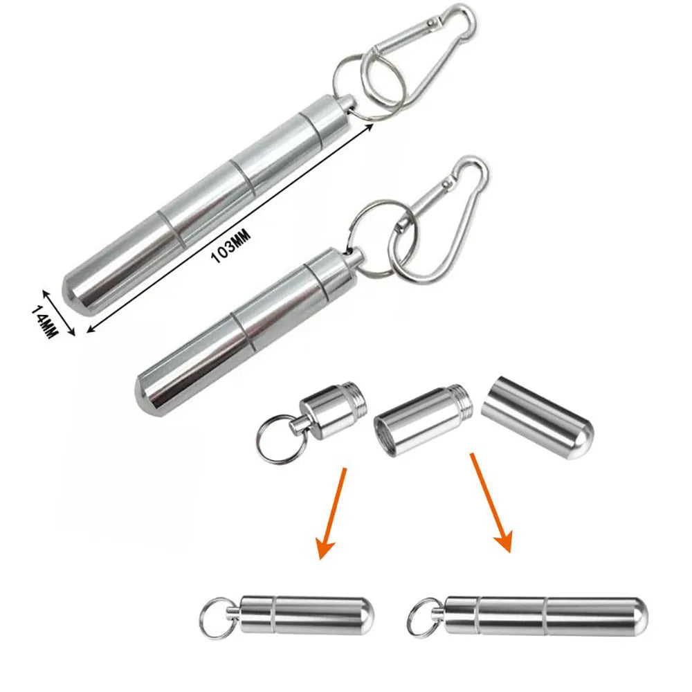 Portable waterproof sealed metal medicine box in aluminium alloy, shown in silver 87mm, granny grey 105mm and lead gray 122mm sizes.
