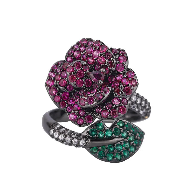 Black gold geometric flower ring with simulated red corundum stones on copper base