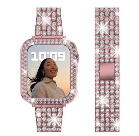Apple Watch protective case with double diamond glass screen cover in rose gold colour.