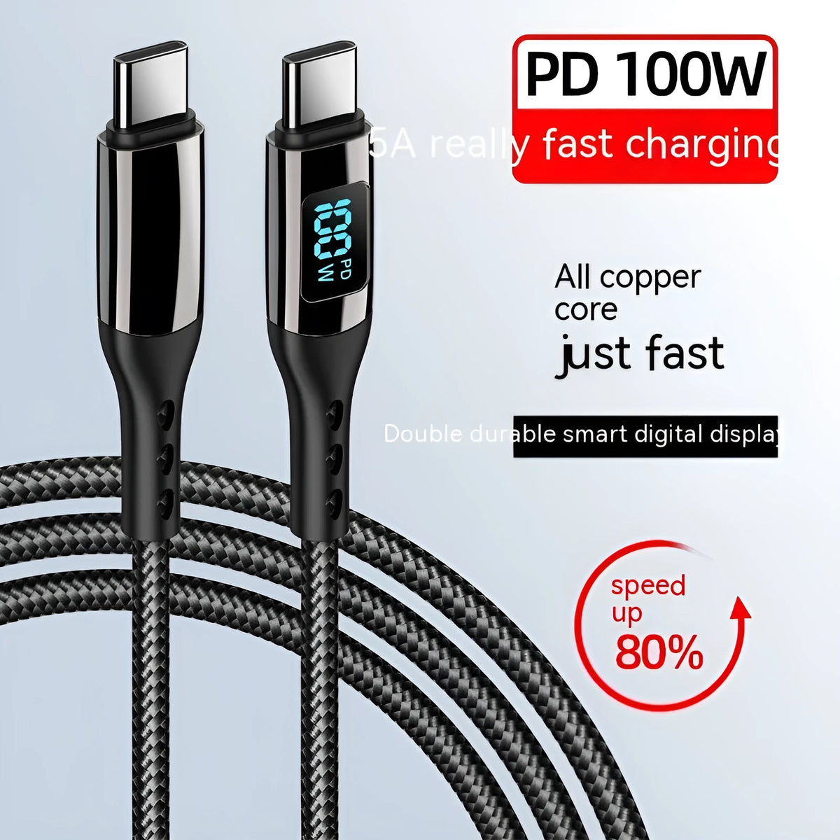 Black woven Type-C to Type-C data cable with digital display and zinc alloy connectors