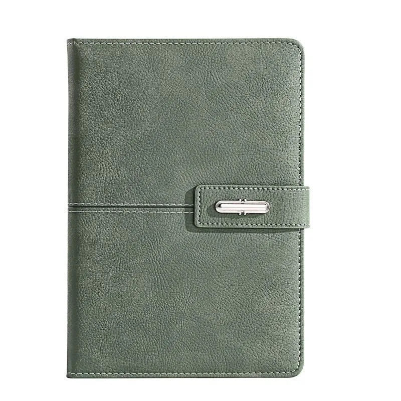Custom A5 notebook with imitation leather cover in multiple colour options showing wood-free paper interior