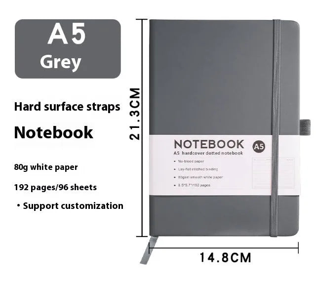 A5 soft touch PU leather strap diary open showing lined pages, closed with elastic band, in a choice of colours.
