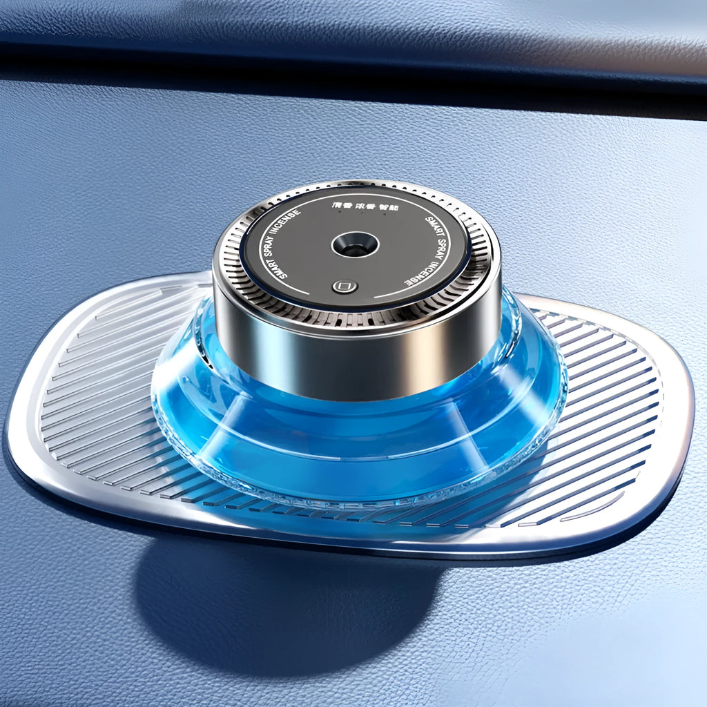 Refillable smart spray car air freshener diffuser in black or green with separate 50ml fragrance bottles.