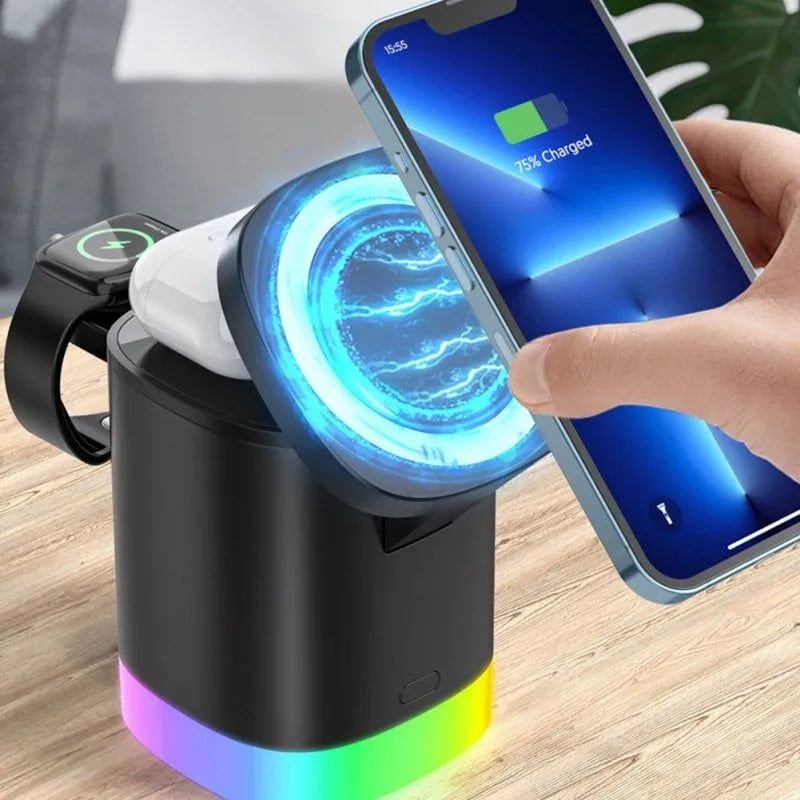 Black foldable 3 in 1 magnetic wireless charging station for phones, iWatch and AirPods with RGB indicator lights