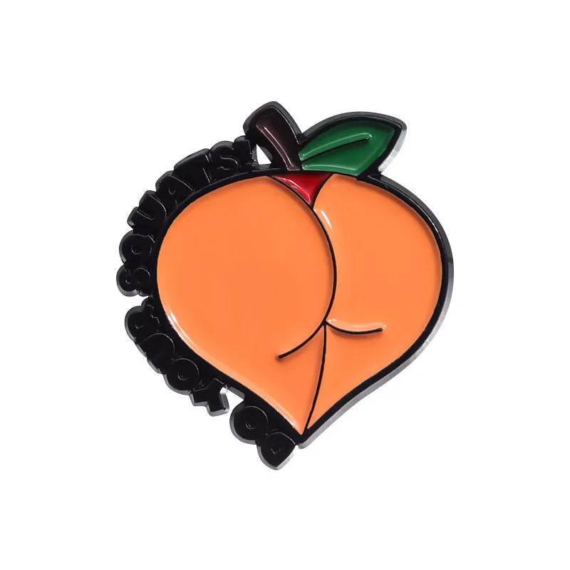 Close-up of a colourful cartoon fruit and letter design zinc alloy brooch pin.