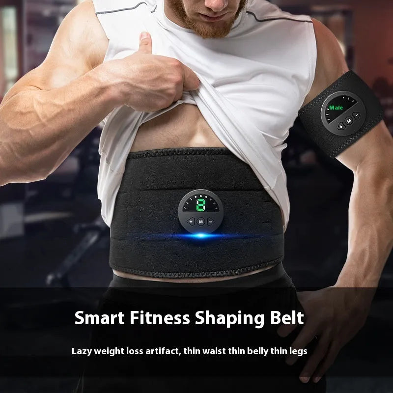 Black fitness belt with digital display screen for waist and abdomen workouts.