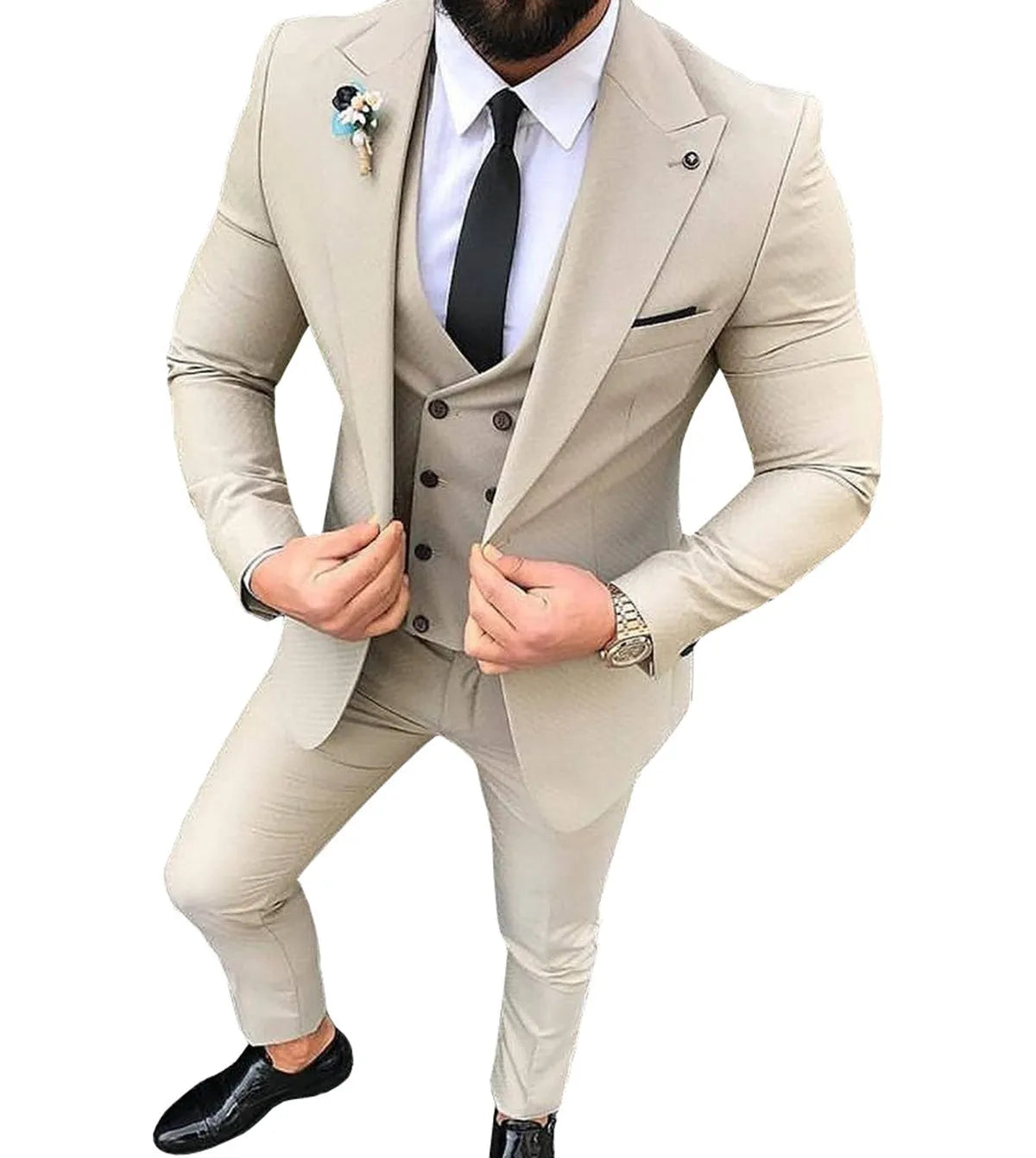 Men's slim fit three-piece suit set in cotton, jacket vest and trousers, available in various colours and sizes XS to 5XL.