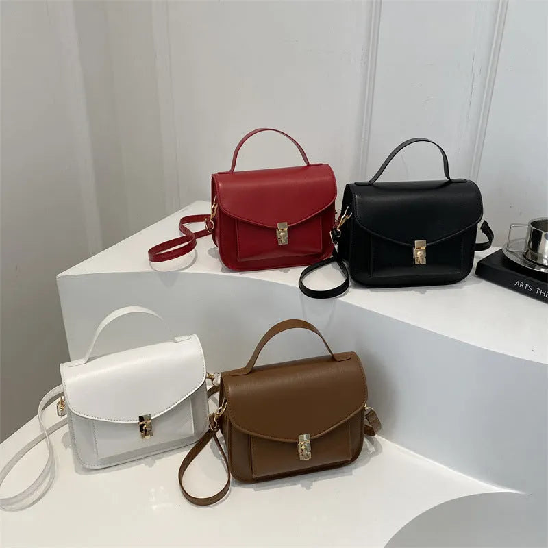 Horizontal square PU leather messenger bag showing document compartment and crossbody strap