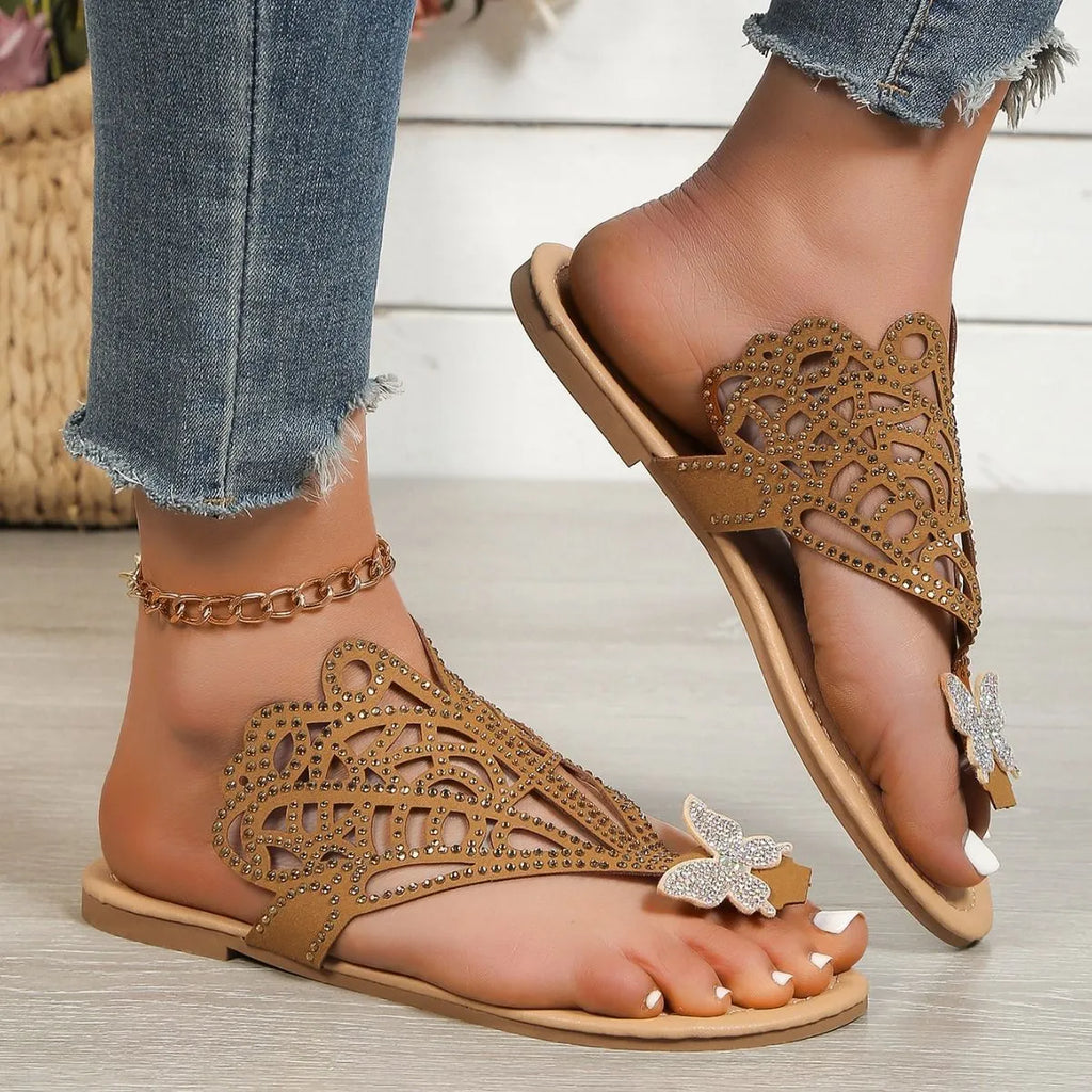 Women's black slip-on flip-toe sandals with rhinestone decoration on hollow PU upper