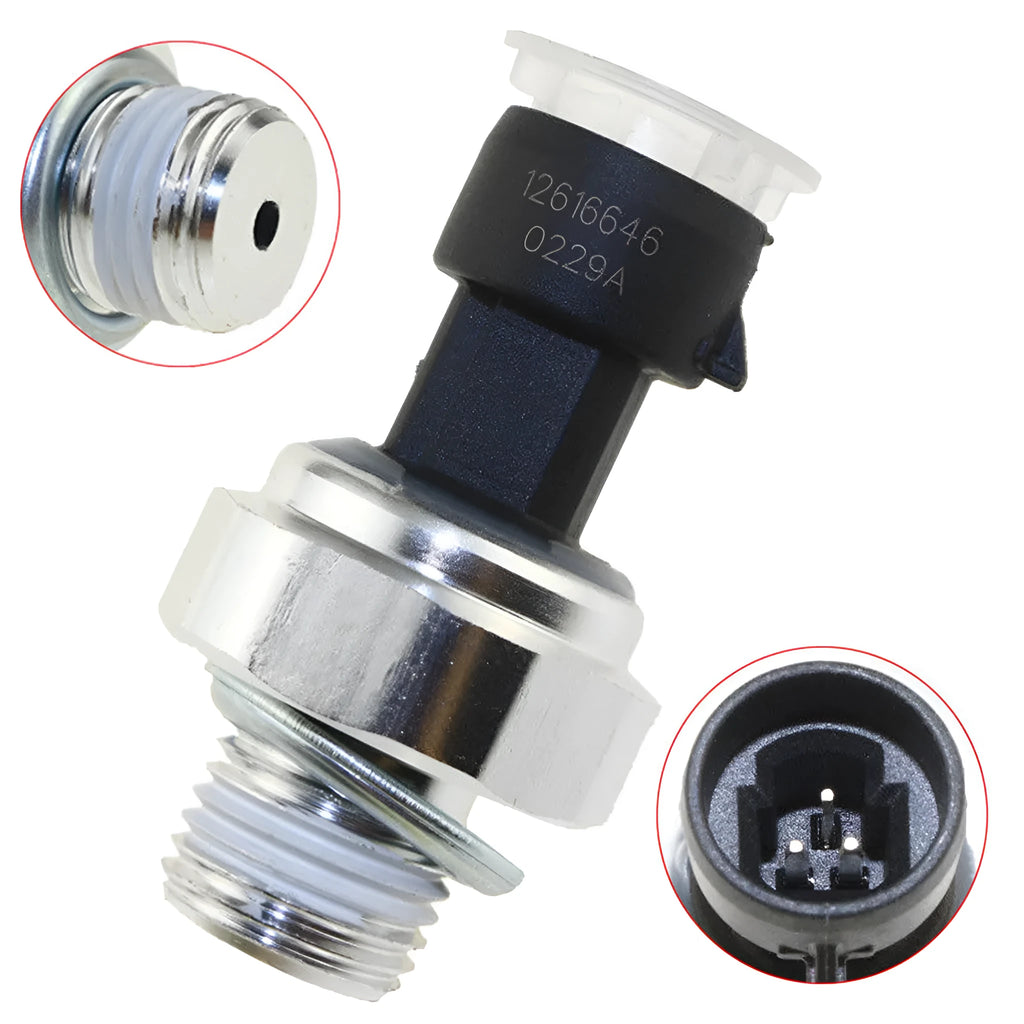 Genuine GM oil pressure sensor for Buick and Chevrolet vehicles, part numbers 12573107 12567323 visible.