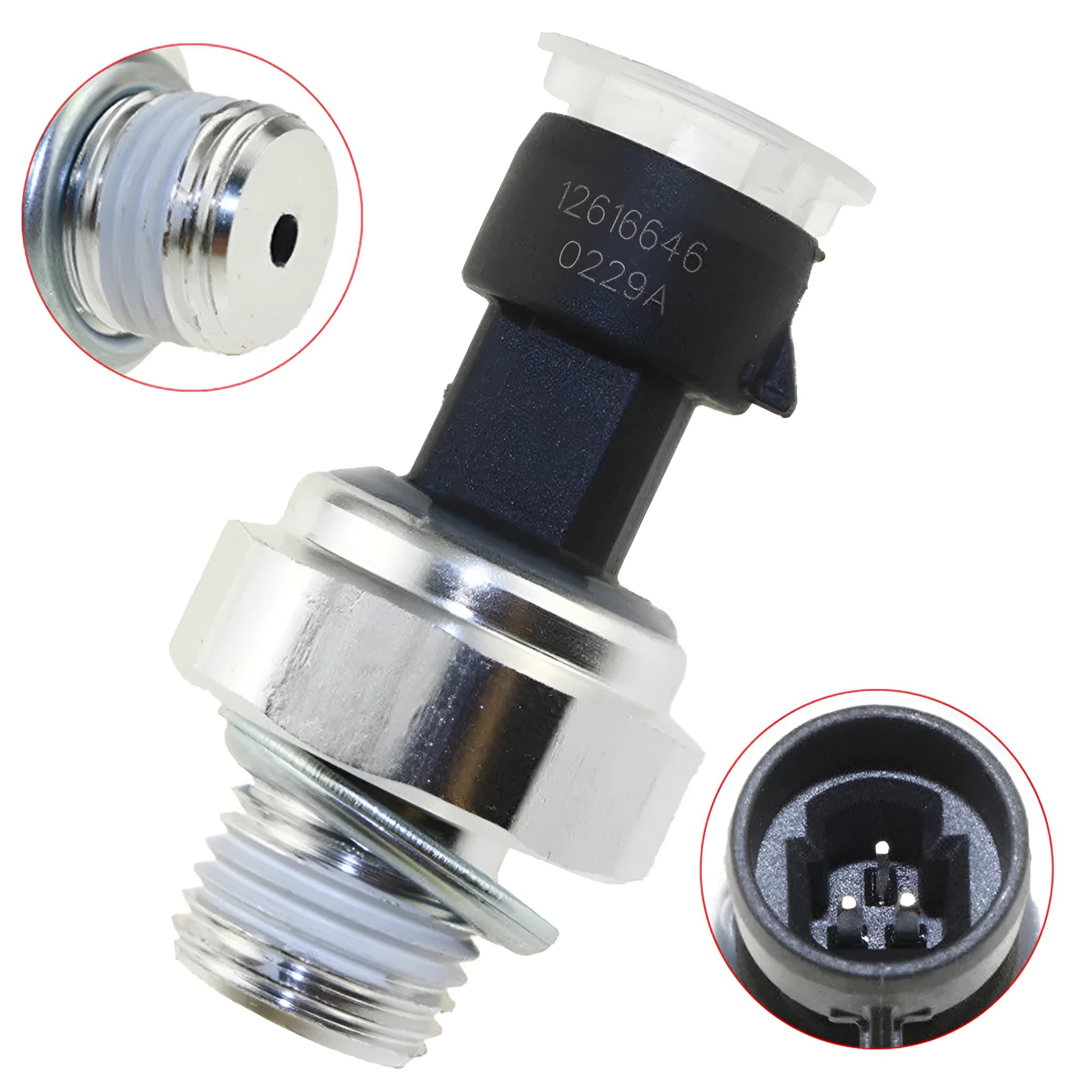 Genuine GM oil pressure sensor for Buick and Chevrolet vehicles, part numbers 12573107 12567323 visible.