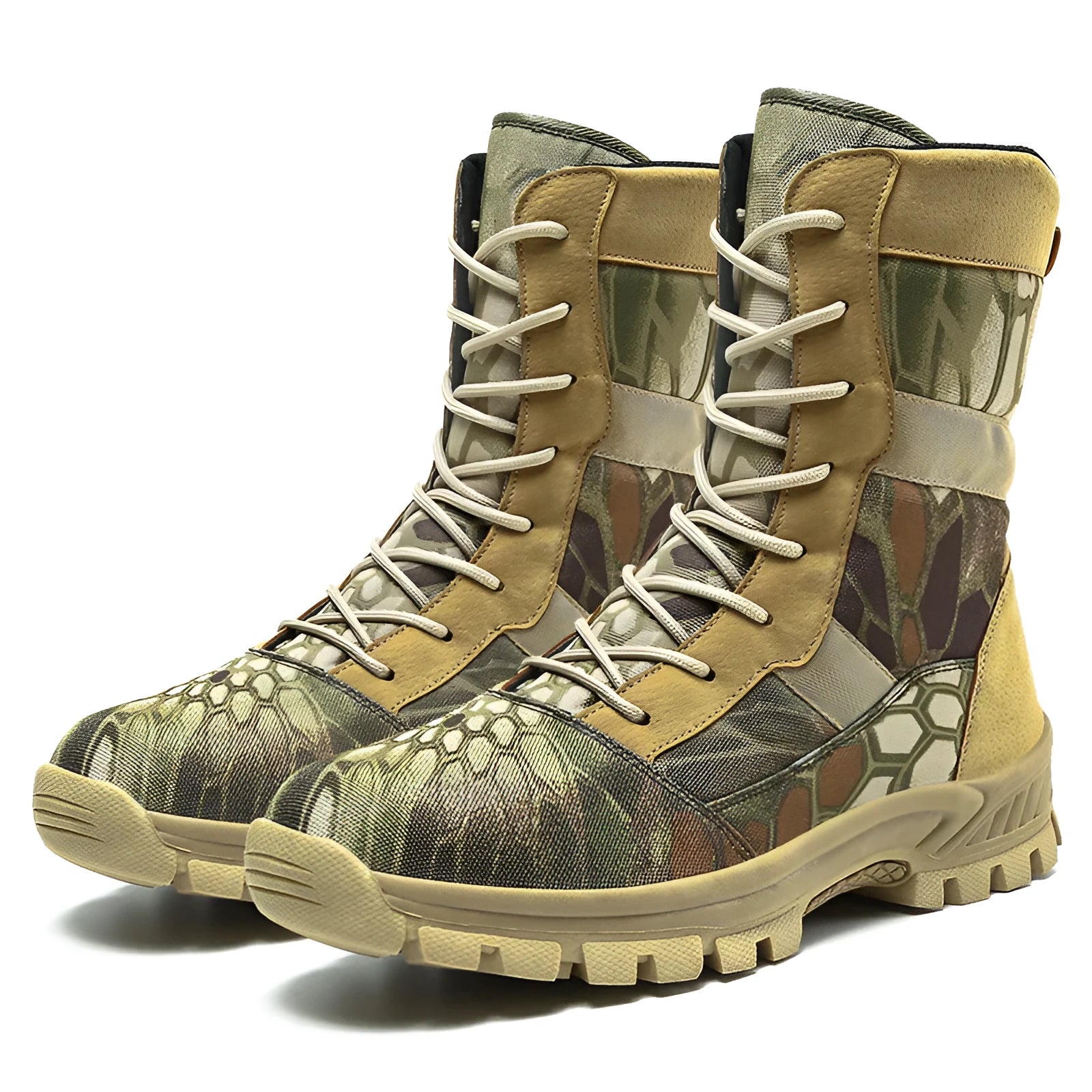 Men's black and camouflage high-top combat boots with mesh upper and totem pattern detailing