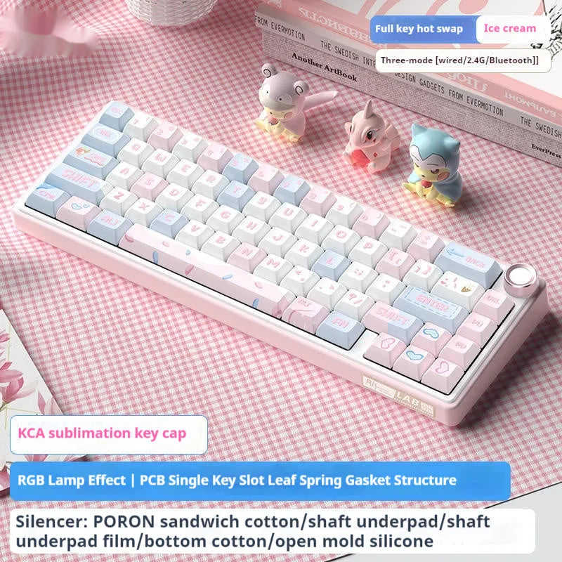 Wireless mechanical keyboard with RGB backlighting in various colour options on a desk.